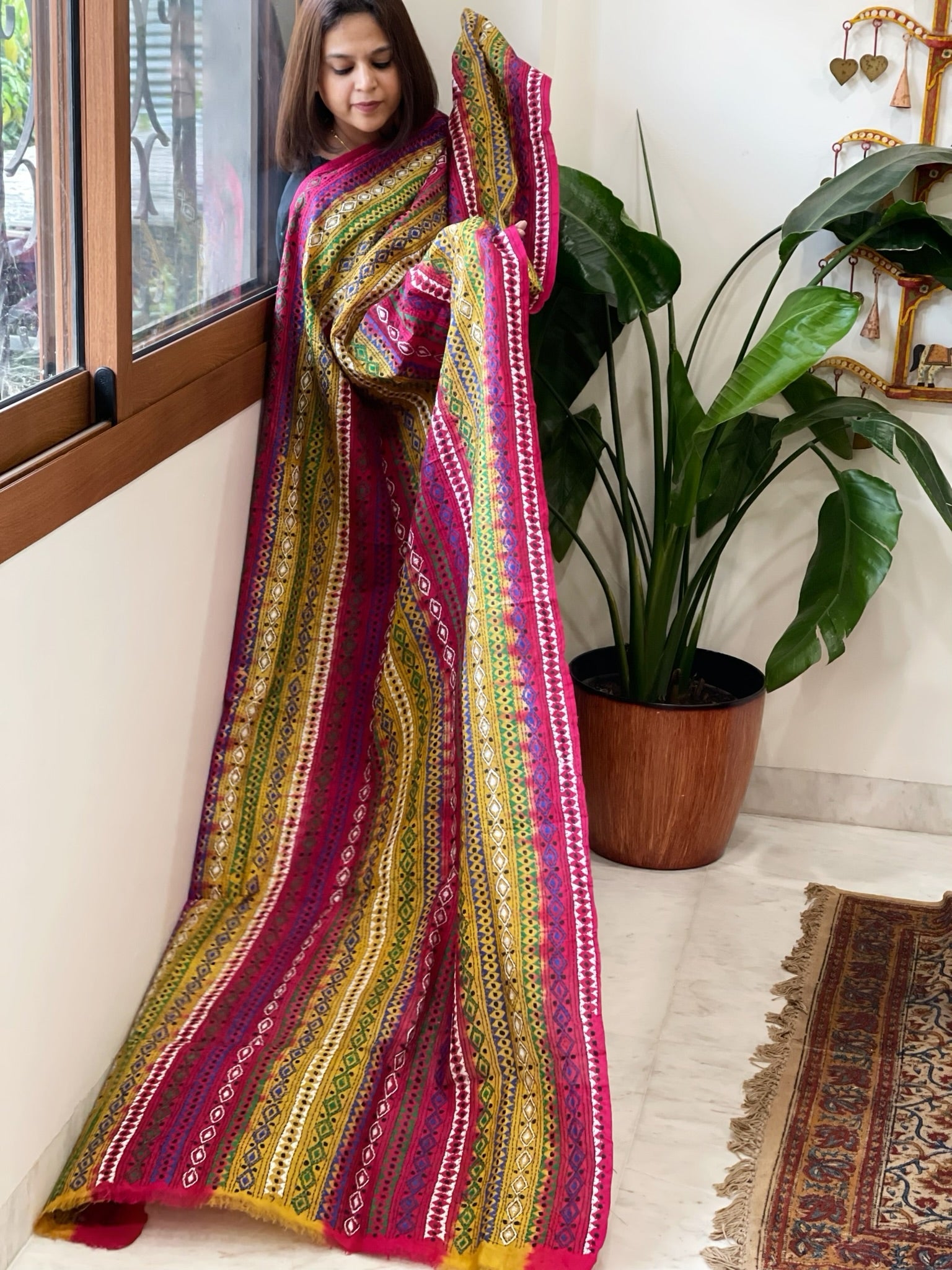 Yellow, Pink Handmade Kantha Dupatta in Silk - Masakalee