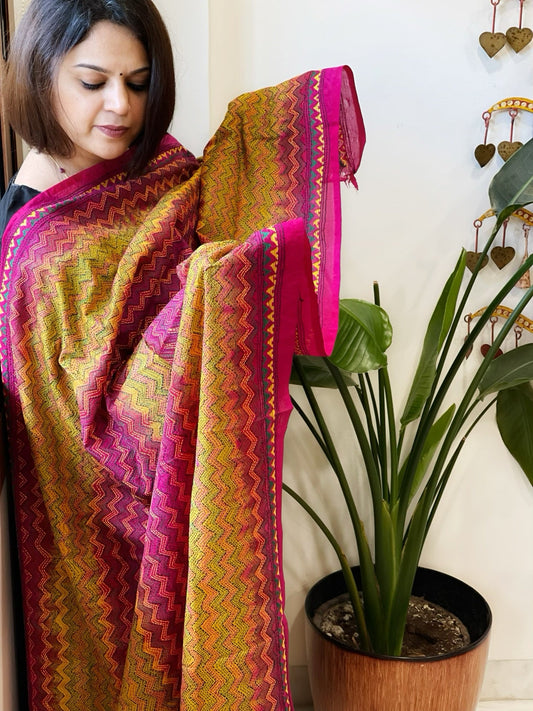 Yellow, Pink Handmade Kantha Dupatta in Silk - Masakalee