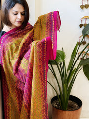 Yellow, Pink Handmade Kantha Dupatta in Silk - Masakalee