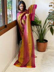 Yellow, Pink Handmade Kantha Dupatta in Silk - Masakalee
