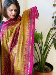 Yellow, Pink Handmade Kantha Dupatta in Silk - Masakalee