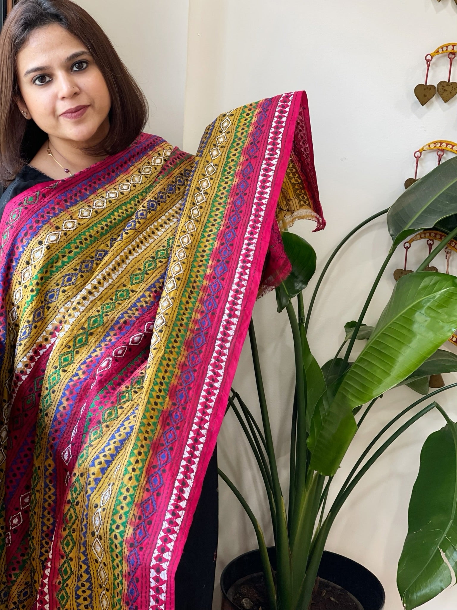 Yellow, Pink Handmade Kantha Dupatta in Silk - Masakalee