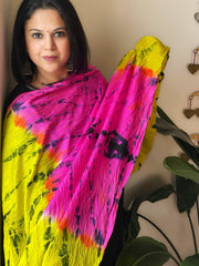 Yellow, Pink Handmade Tie Dye Dupatta in Mulberry Silk - Masakalee