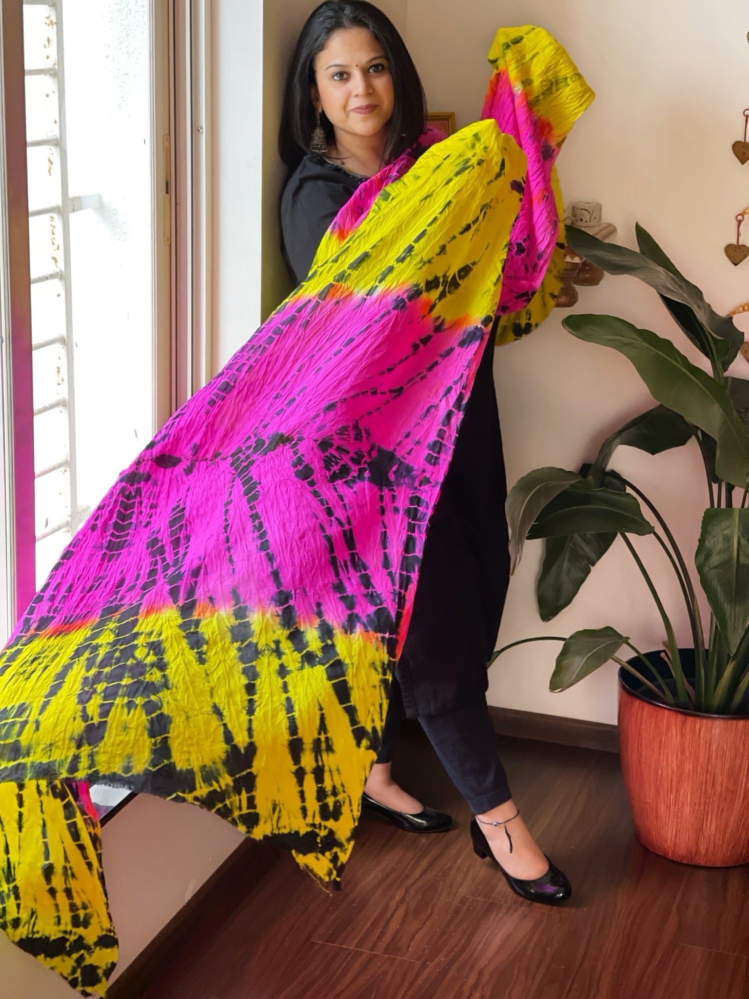 Yellow, Pink Handmade Tie Dye Dupatta in Mulberry Silk - Masakalee