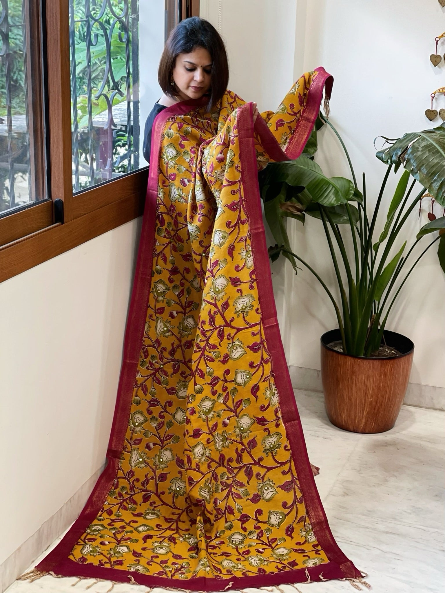 Yellow Printed Kalamkari Dupatta with Thread & Mirror Handwork in Chanderi Silk - Masakalee