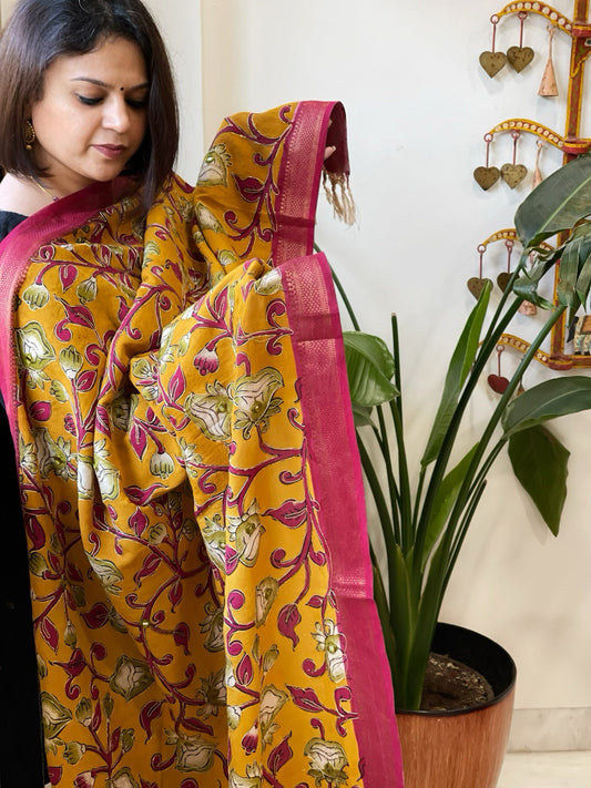 Yellow Printed Kalamkari Dupatta with Thread & Mirror Handwork in Chanderi Silk - Masakalee