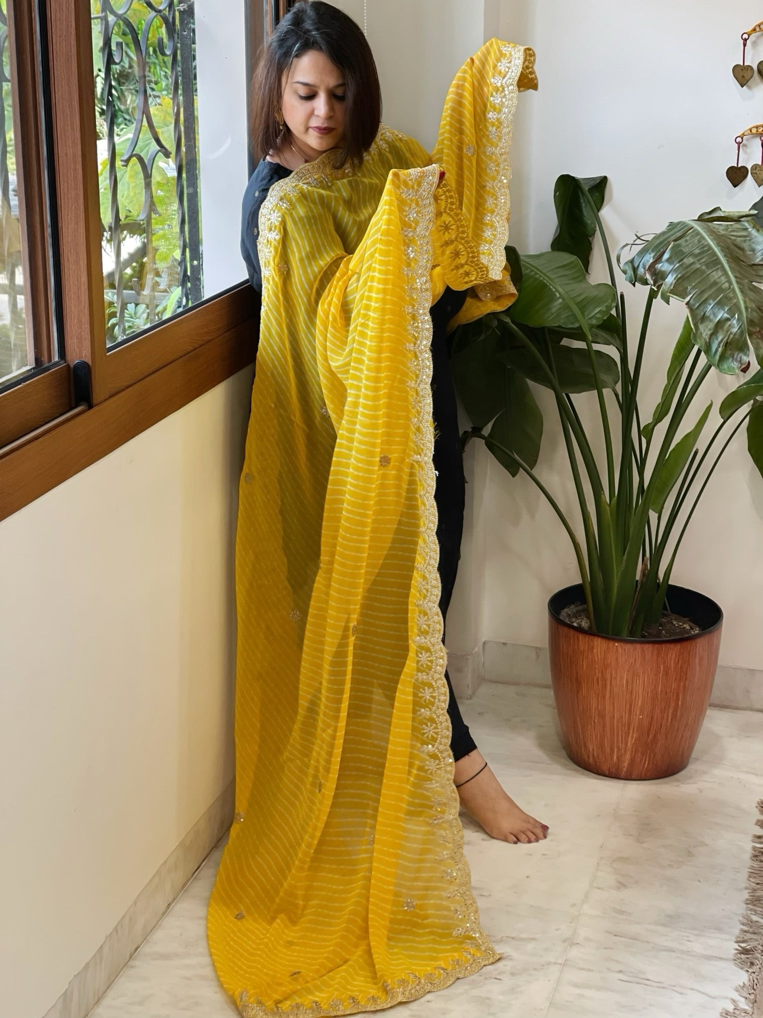 Yellow Printed Viscose Georgette Leheriya Dupatta with Gold Thread & Sequin Embroidered Border - Masakalee