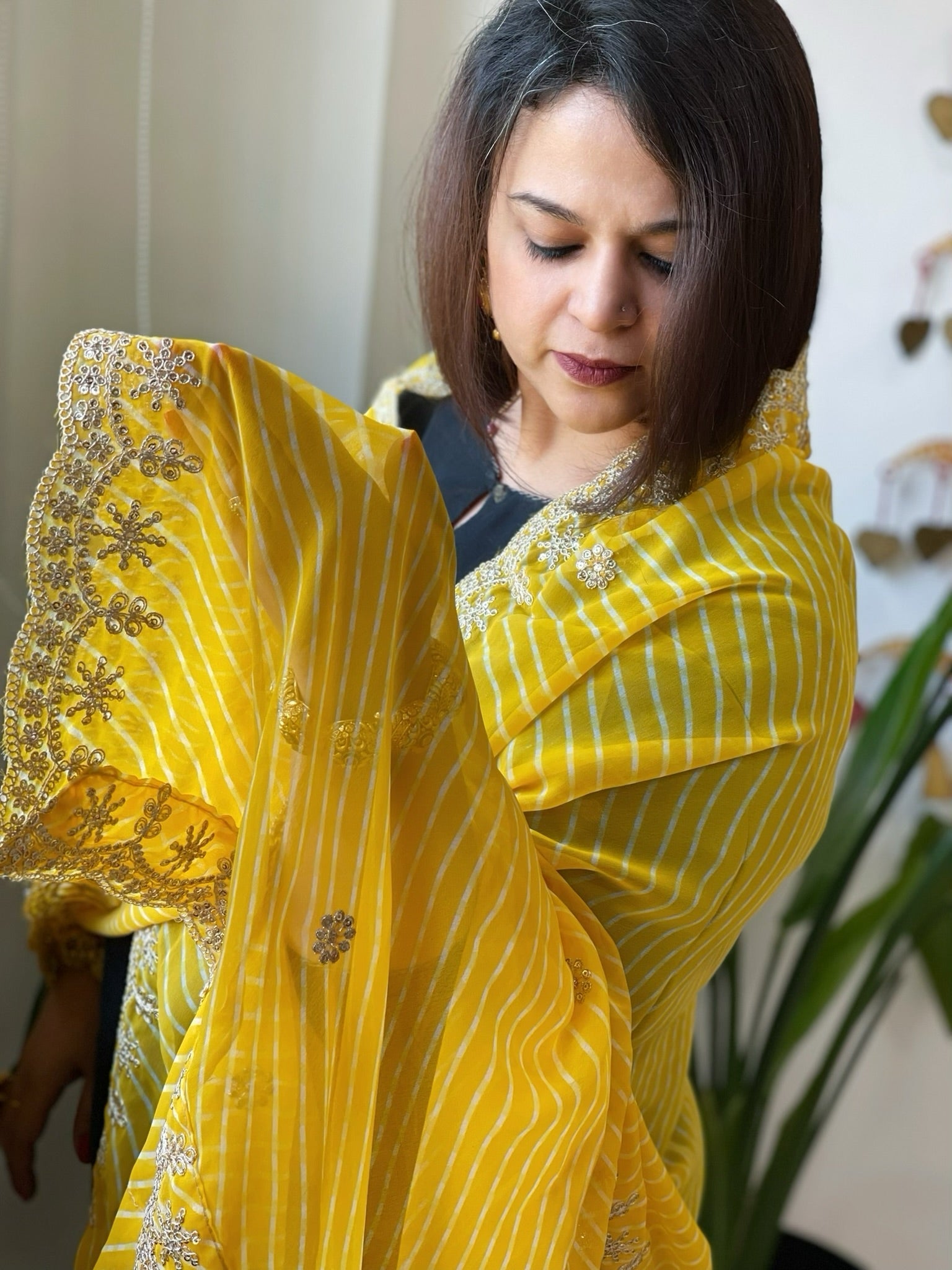 Yellow Printed Viscose Georgette Leheriya Dupatta with Gold Thread & Sequin Embroidered Border - Masakalee
