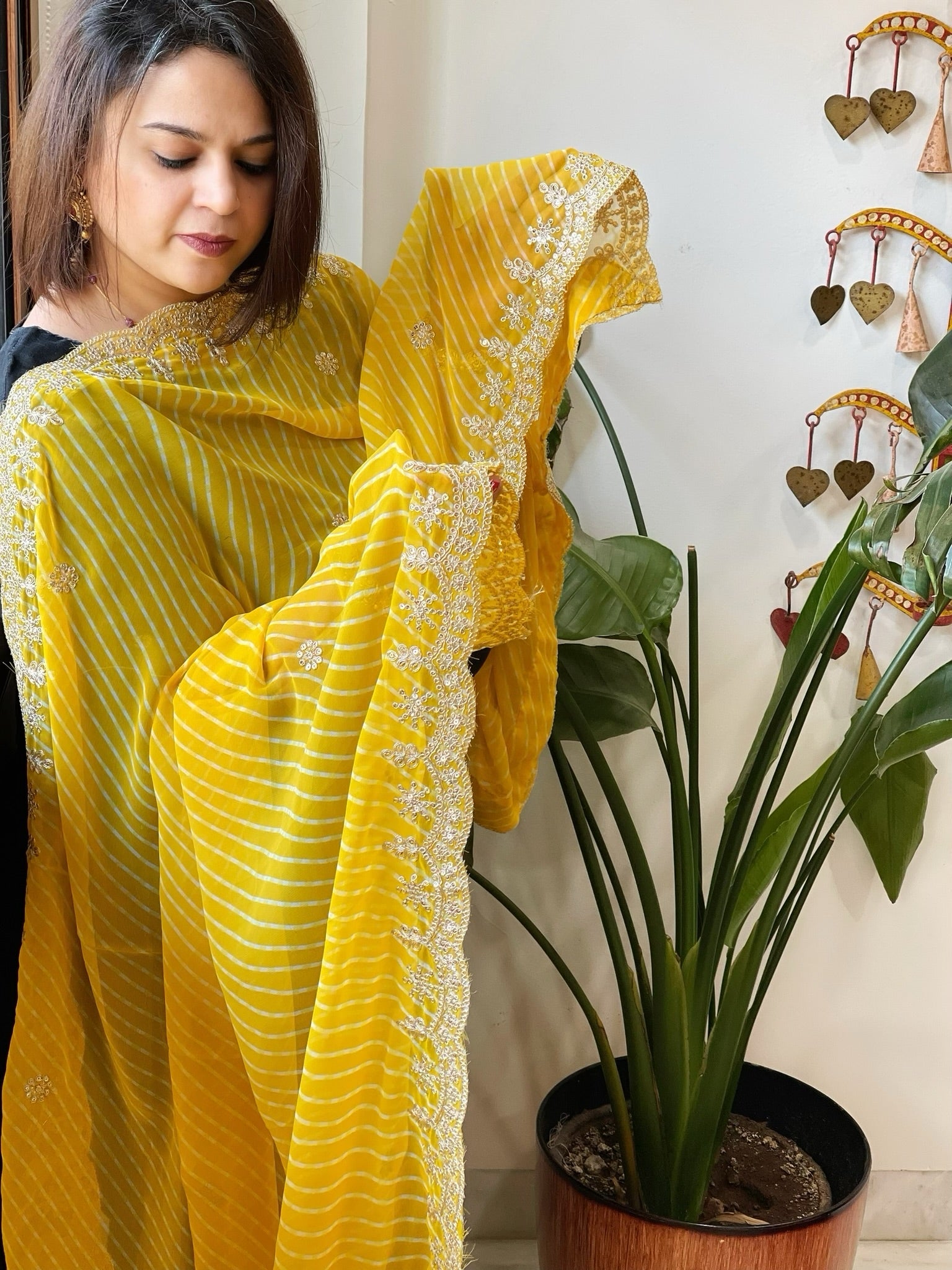 Yellow Printed Viscose Georgette Leheriya Dupatta with Gold Thread & Sequin Embroidered Border - Masakalee