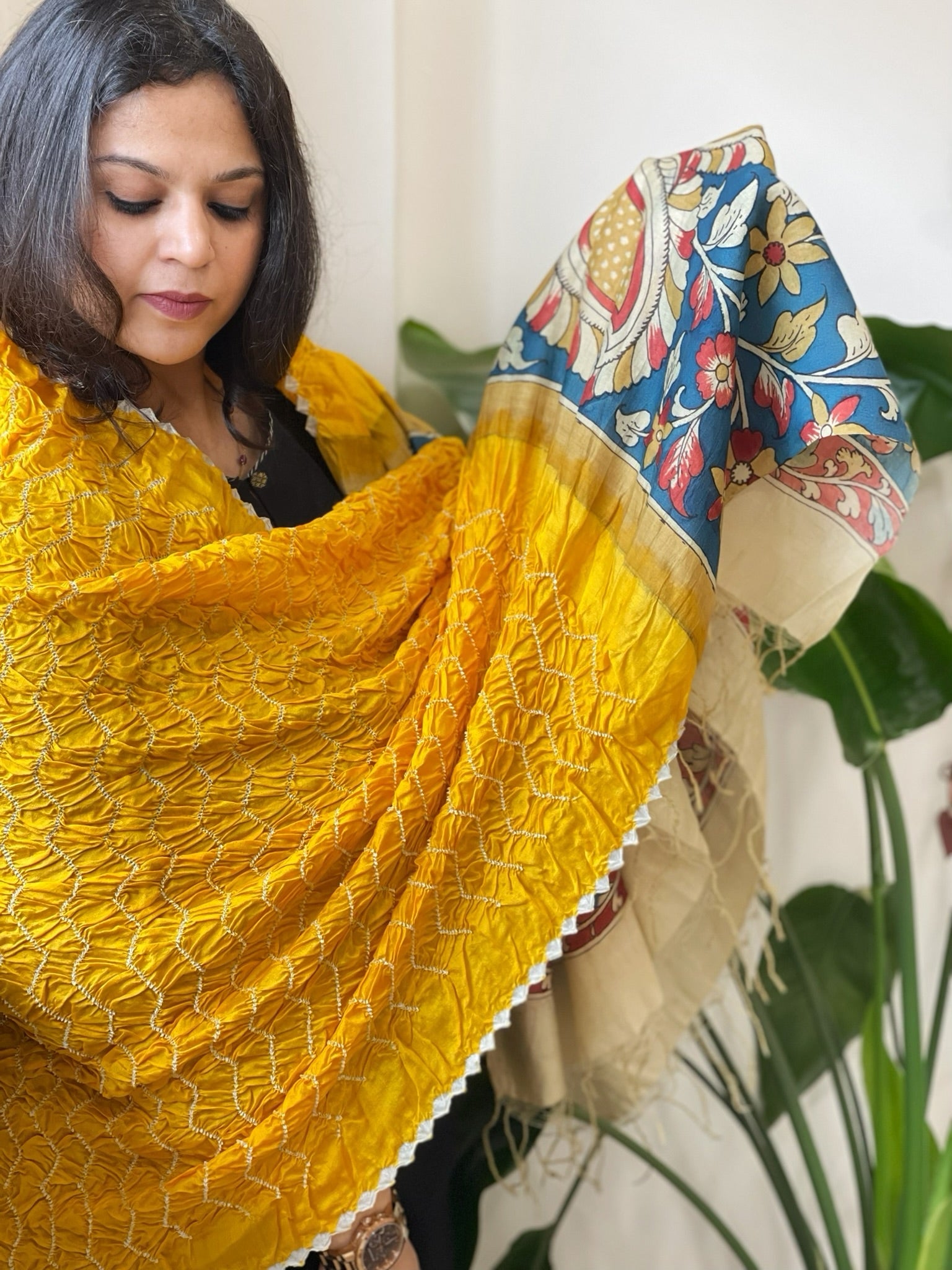 Yellow Rai Bandhej Dupatta with Handpainted Kalamkari Pallu in Pure Muga Silk - Masakalee