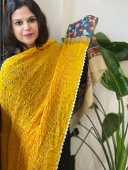 Yellow Rai Bandhej Dupatta with Handpainted Kalamkari Pallu in Pure Muga Silk - Masakalee