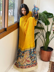 Yellow Rai Bandhej Dupatta with Handpainted Kalamkari Pallu in Pure Muga Silk - Masakalee