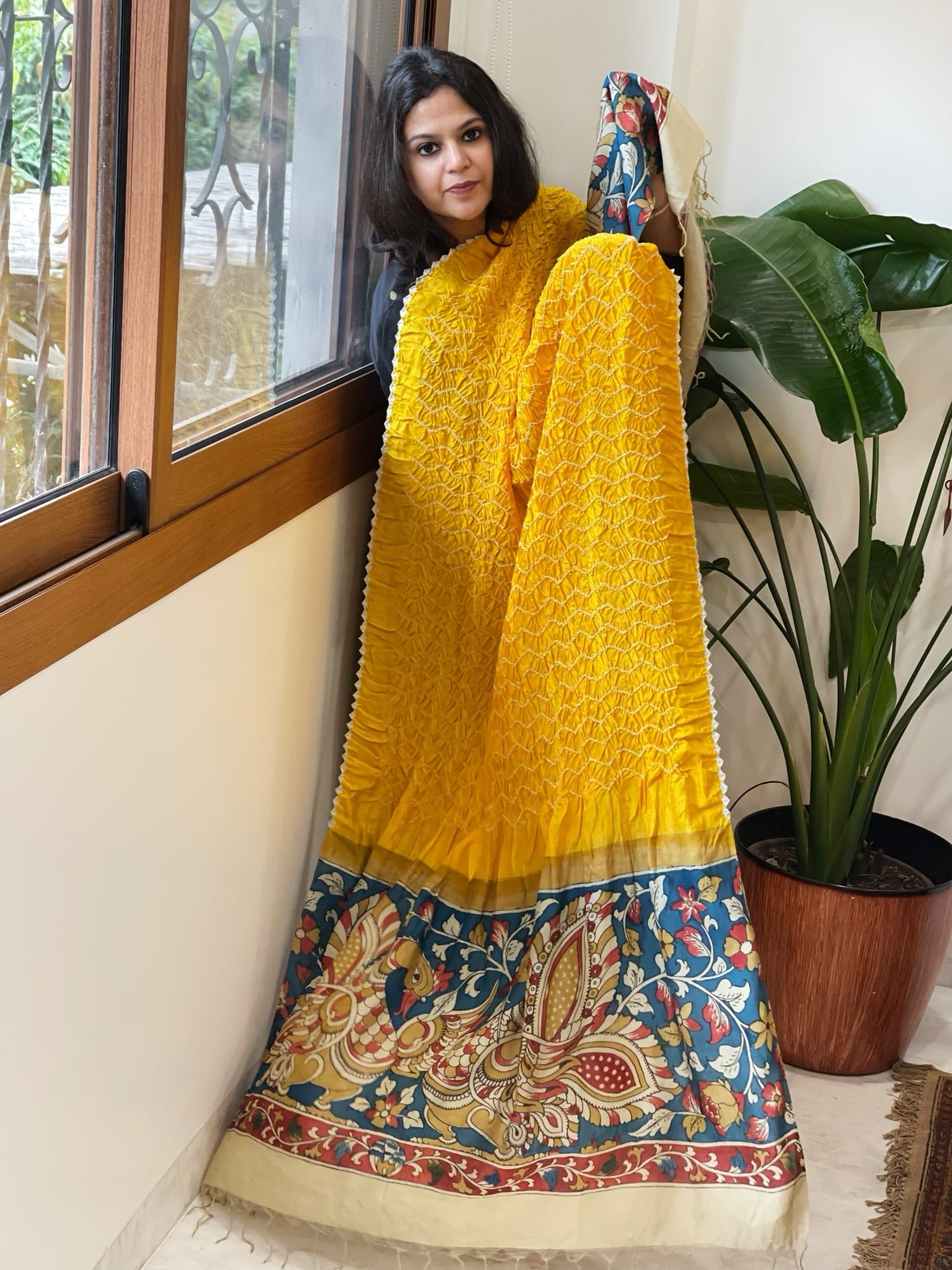 Yellow Rai Bandhej Dupatta with Handpainted Kalamkari Pallu in Pure Muga Silk - Masakalee
