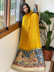 Yellow Rai Bandhej Dupatta with Handpainted Kalamkari Pallu in Pure Muga Silk - Masakalee