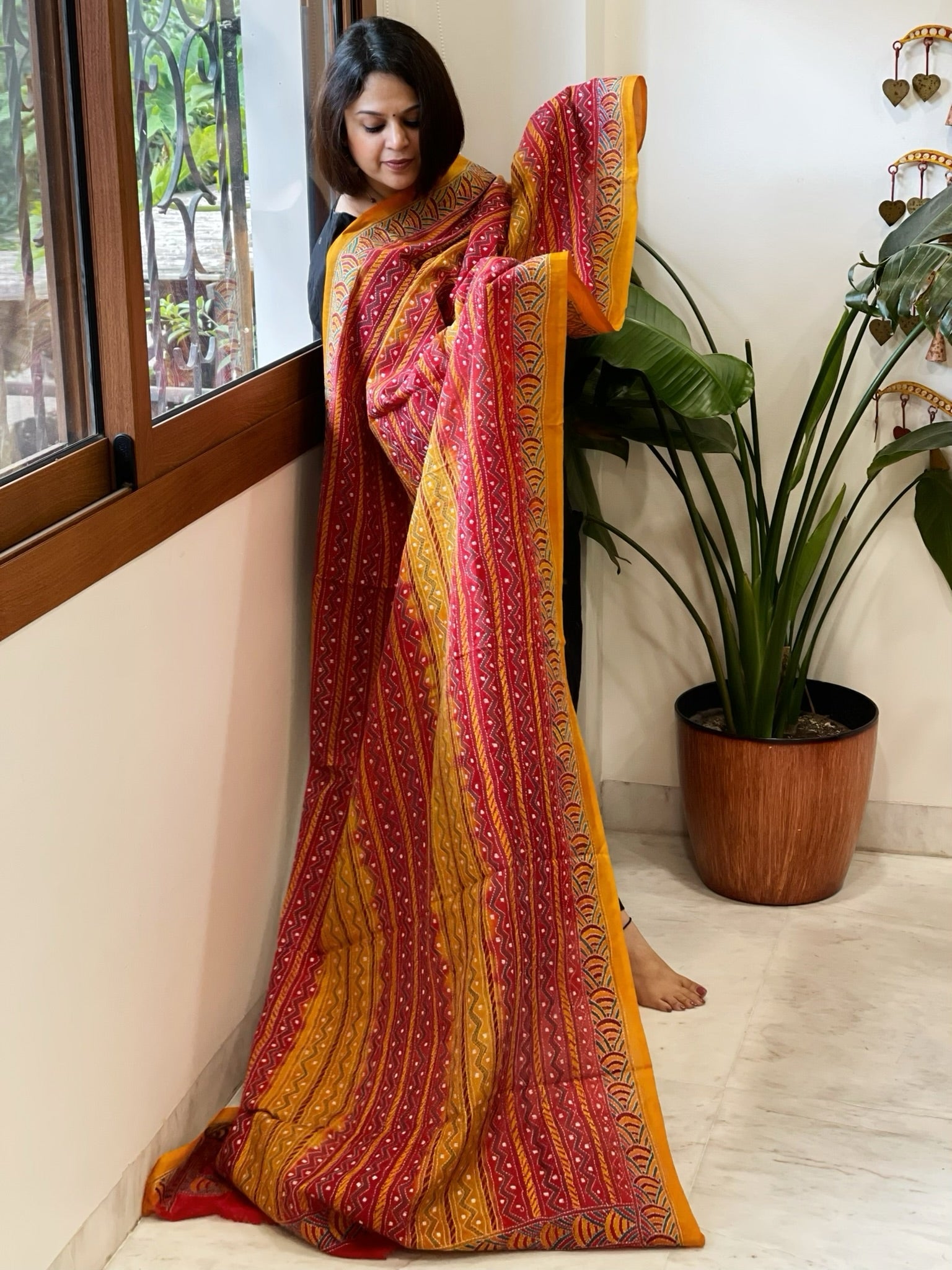 Yellow, Red Handmade Kantha Dupatta in Silk - Masakalee