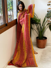 Yellow, Red Handmade Kantha Dupatta in Silk - Masakalee
