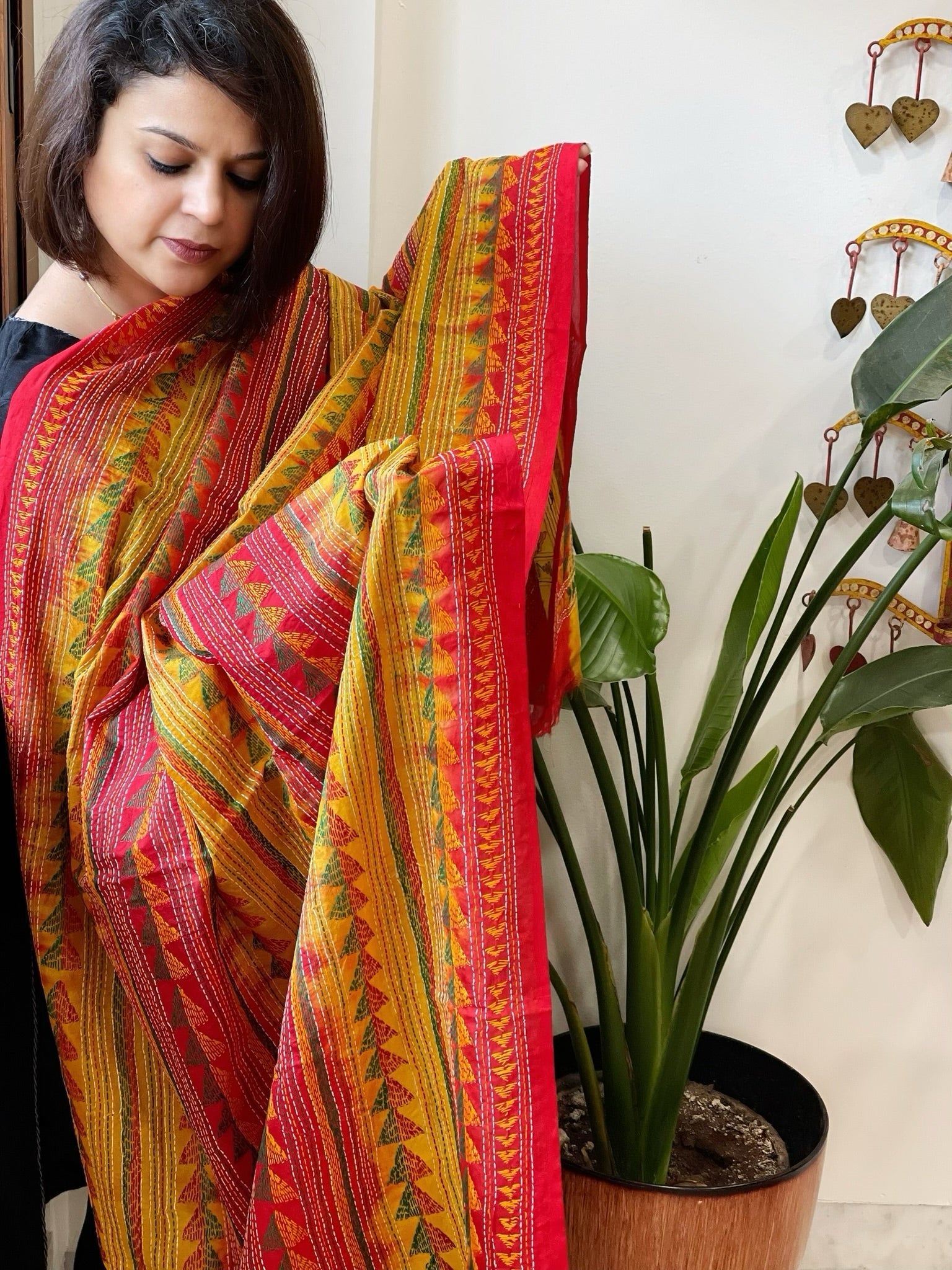 Yellow, Red Handmade Kantha Dupatta in Silk - Masakalee