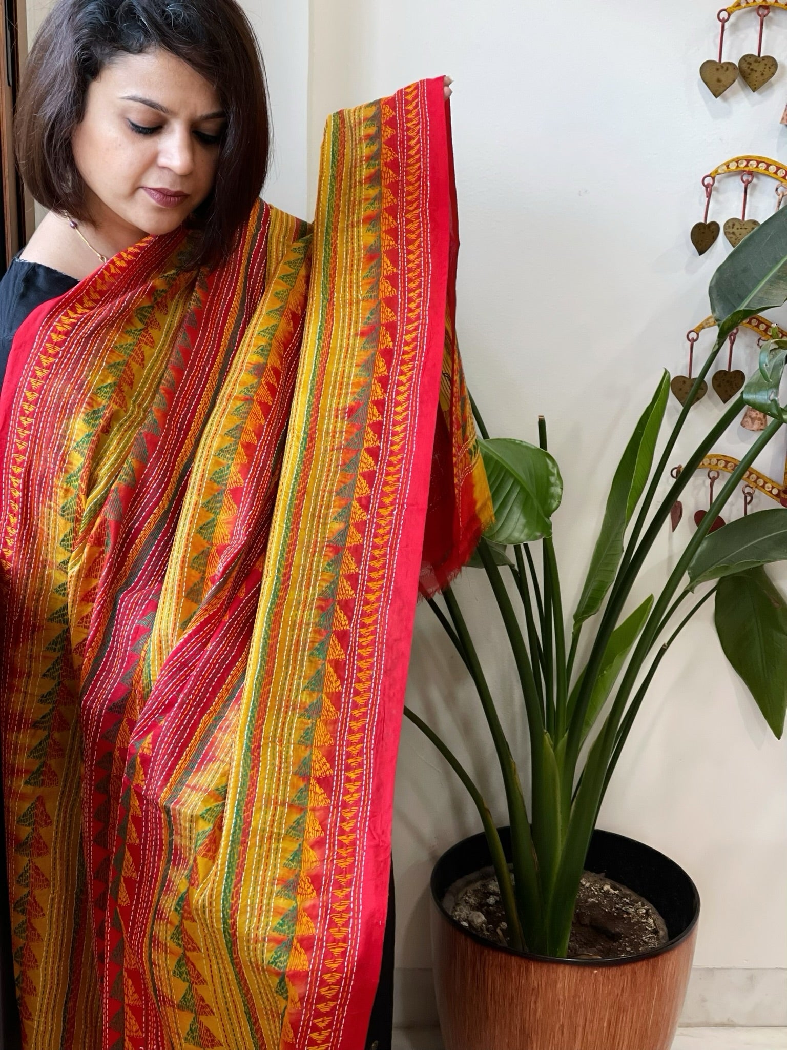 Yellow, Red Handmade Kantha Dupatta in Silk - Masakalee