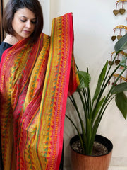 Yellow, Red Handmade Kantha Dupatta in Silk - Masakalee