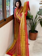 Yellow, Red Handmade Kantha Dupatta in Silk - Masakalee