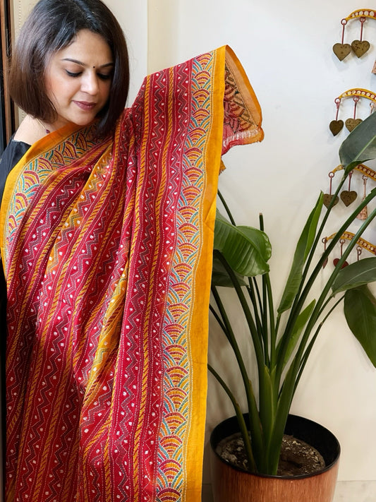 Yellow, Red Handmade Kantha Dupatta in Silk - Masakalee