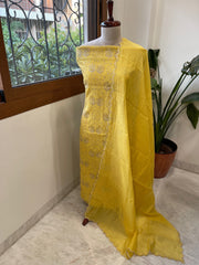 Yellow Suit Set with Gold Thread Embroidery in Pure Mul - Masakalee