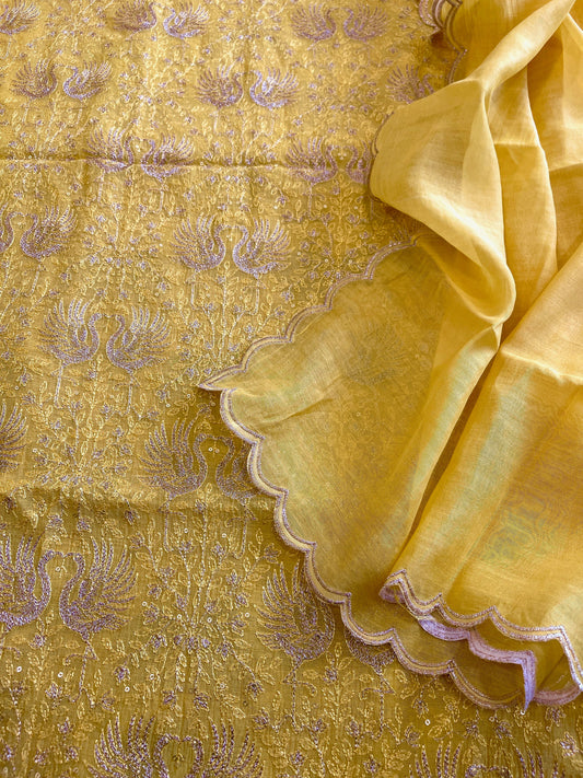 Yellow Suit Set with Gold Thread Embroidery in Pure Mul - Masakalee