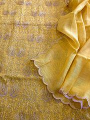 Yellow Suit Set with Gold Thread Embroidery in Pure Mul - Masakalee
