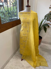 Yellow Suit Set with Gold Thread Embroidery in Pure Mul - Masakalee