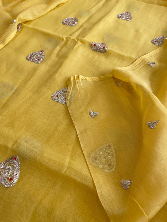 Yellow Suit Set with Gold Thread & Sequin Work in Pure Mul - Masakalee