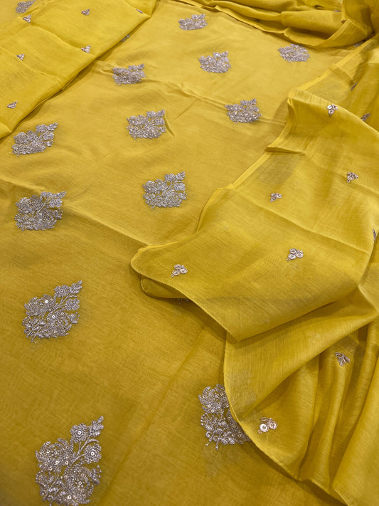Yellow Suit Set with Gold Thread & Sequin Work in Pure Mul - Masakalee
