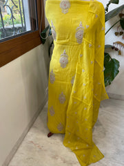 Yellow Suit Set with Gold Thread & Sequin Work in Pure Mul - Masakalee