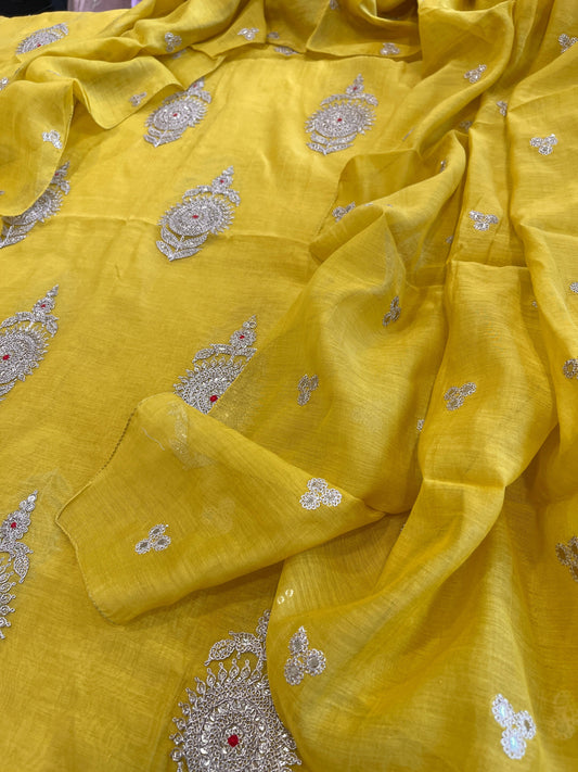 Yellow Suit Set with Gold Thread & Sequin Work in Pure Mul - Masakalee