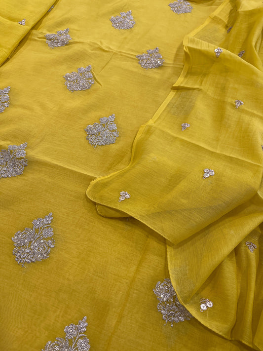 Yellow Suit Set with Gold Thread & Sequin Work in Pure Mul - Masakalee