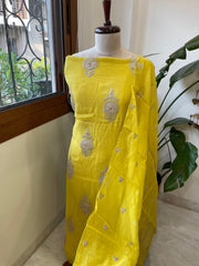 Yellow Suit Set with Gold Thread & Sequin Work in Pure Mul - Masakalee
