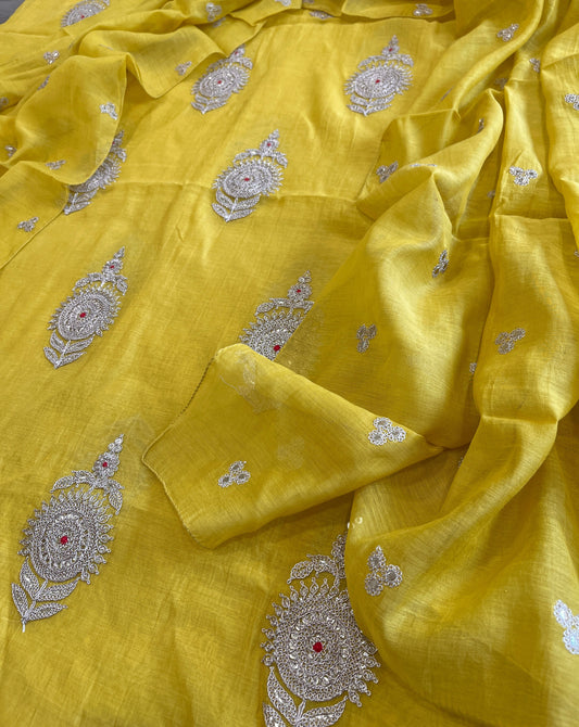 Yellow Suit Set with Gold Thread & Sequin Work in Pure Mul - Masakalee