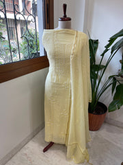 Yellow Suit Set with Lucknowi Handwork in Pure Mul Chanderi - Masakalee