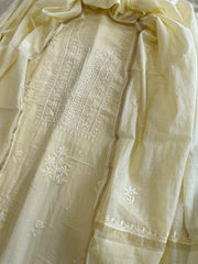 Yellow Suit Set with Lucknowi Handwork in Pure Mul Chanderi - Masakalee