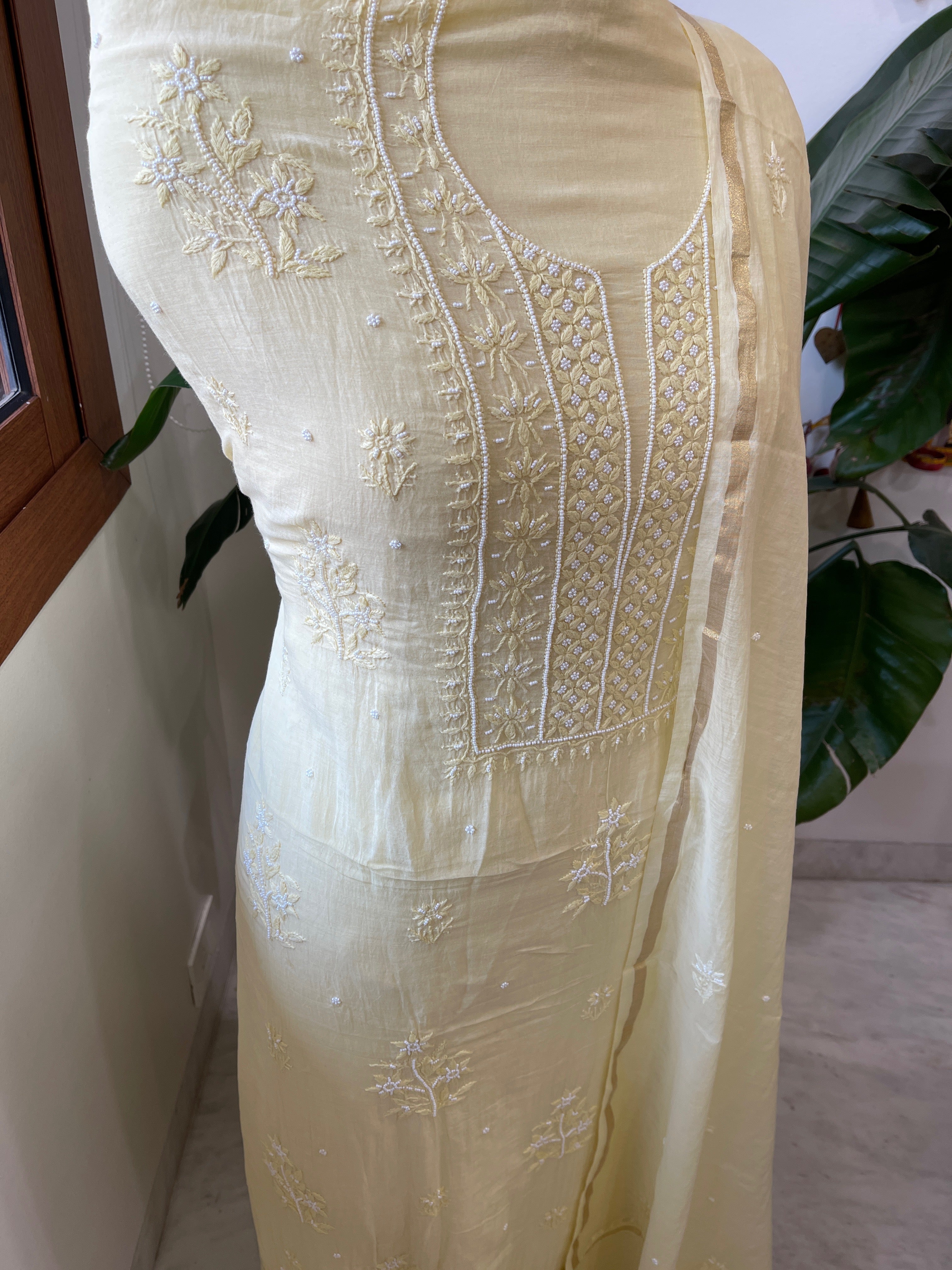 Yellow Suit Set with Lucknowi Handwork in Pure Mul Chanderi - Masakalee