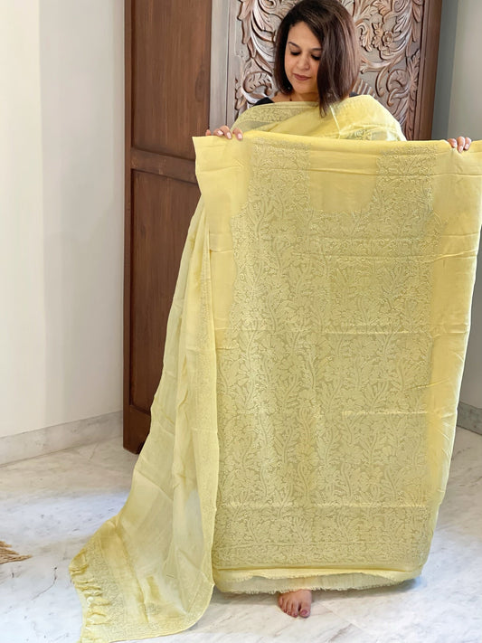 Yellow Suit Set with Lucknowi Handwork in Pure Tussar Silk - Masakalee
