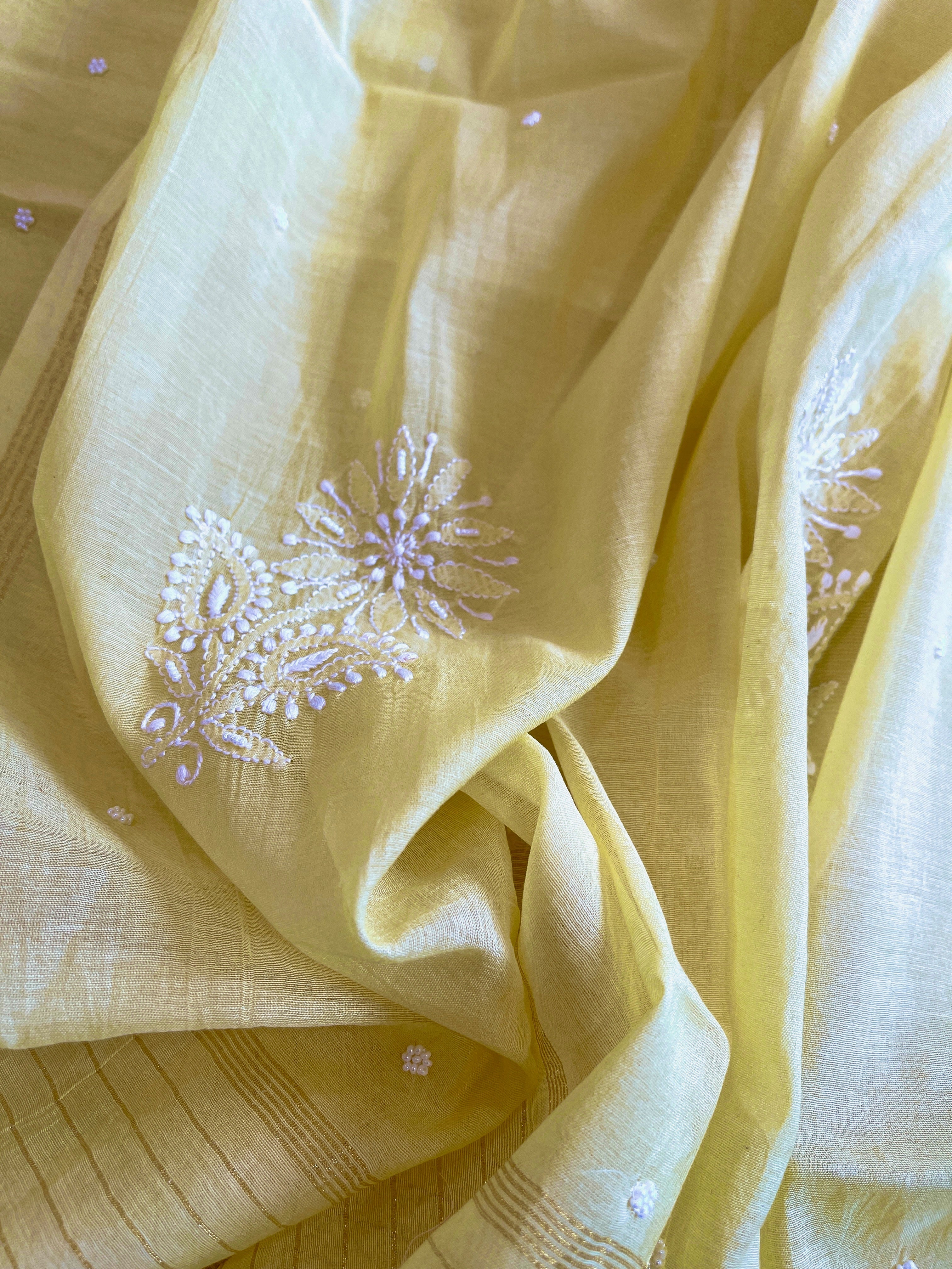 Yellow Suit Set with Lucknowi & Pearl Handwork in Pure Mul Cotton - Masakalee