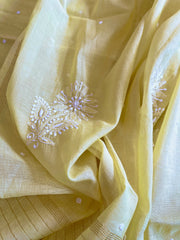 Yellow Suit Set with Lucknowi & Pearl Handwork in Pure Mul Cotton - Masakalee