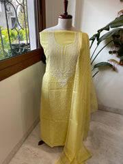 Yellow Suit Set with Lucknowi & Pearl Handwork in Pure Mul Cotton - Masakalee