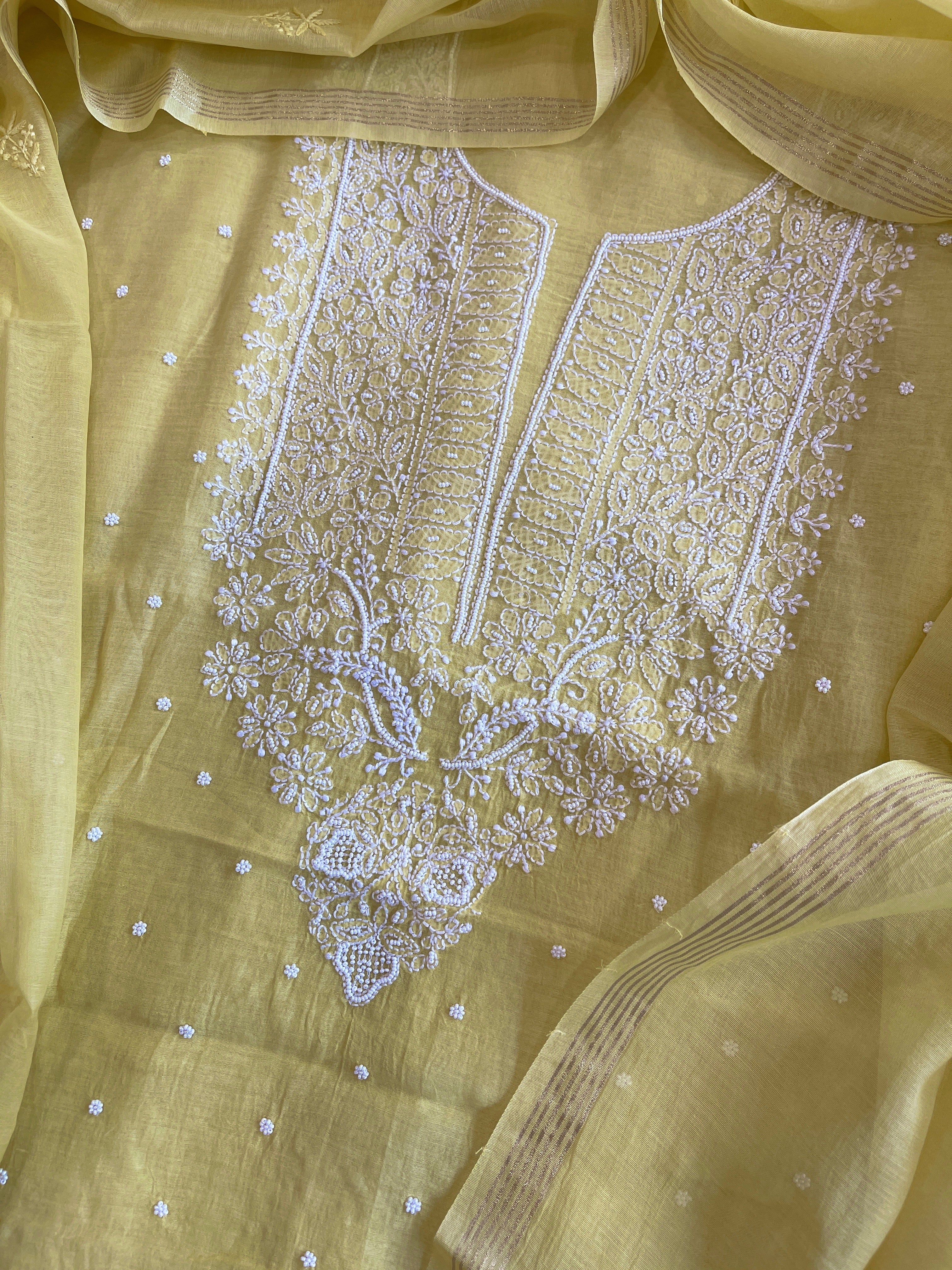 Yellow Suit Set with Lucknowi & Pearl Handwork in Pure Mul Cotton - Masakalee