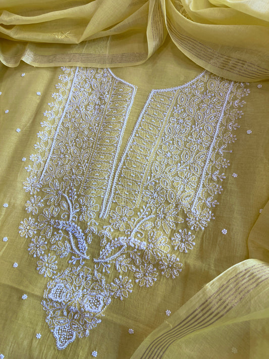 Yellow Suit Set with Lucknowi & Pearl Handwork in Pure Mul Cotton - Masakalee