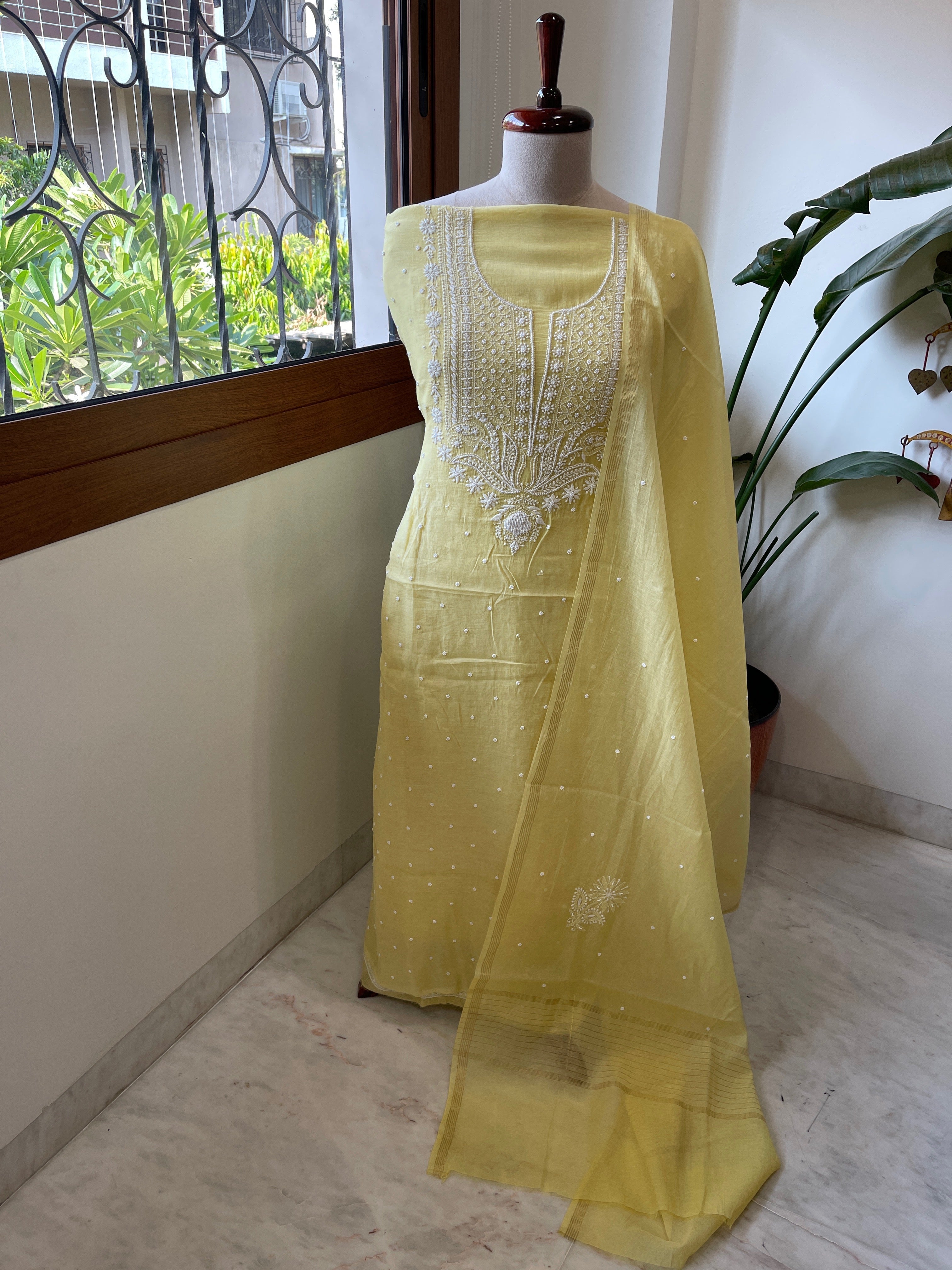 Yellow Suit Set with Lucknowi & Pearl Handwork in Pure Mul Cotton - Masakalee