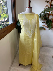 Yellow Suit Set with Lucknowi & Pearl Handwork in Pure Mul Cotton - Masakalee