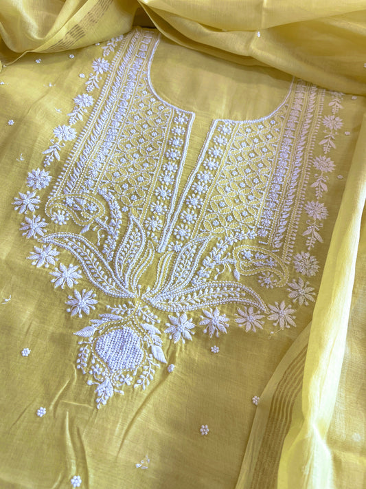 Yellow Suit Set with Lucknowi & Pearl Handwork in Pure Mul Cotton - Masakalee