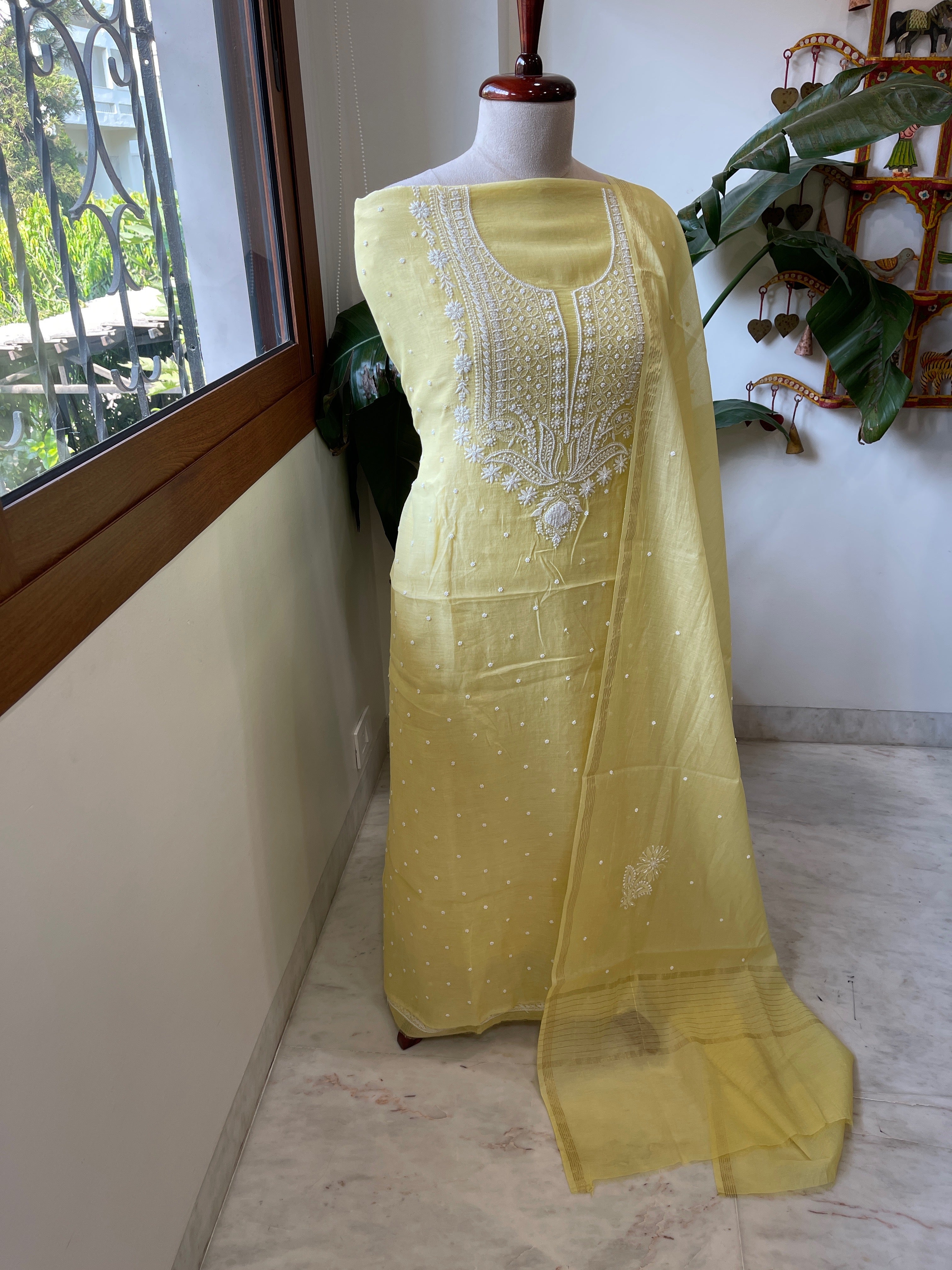 Yellow Suit Set with Lucknowi & Pearl Handwork in Pure Mul Cotton - Masakalee