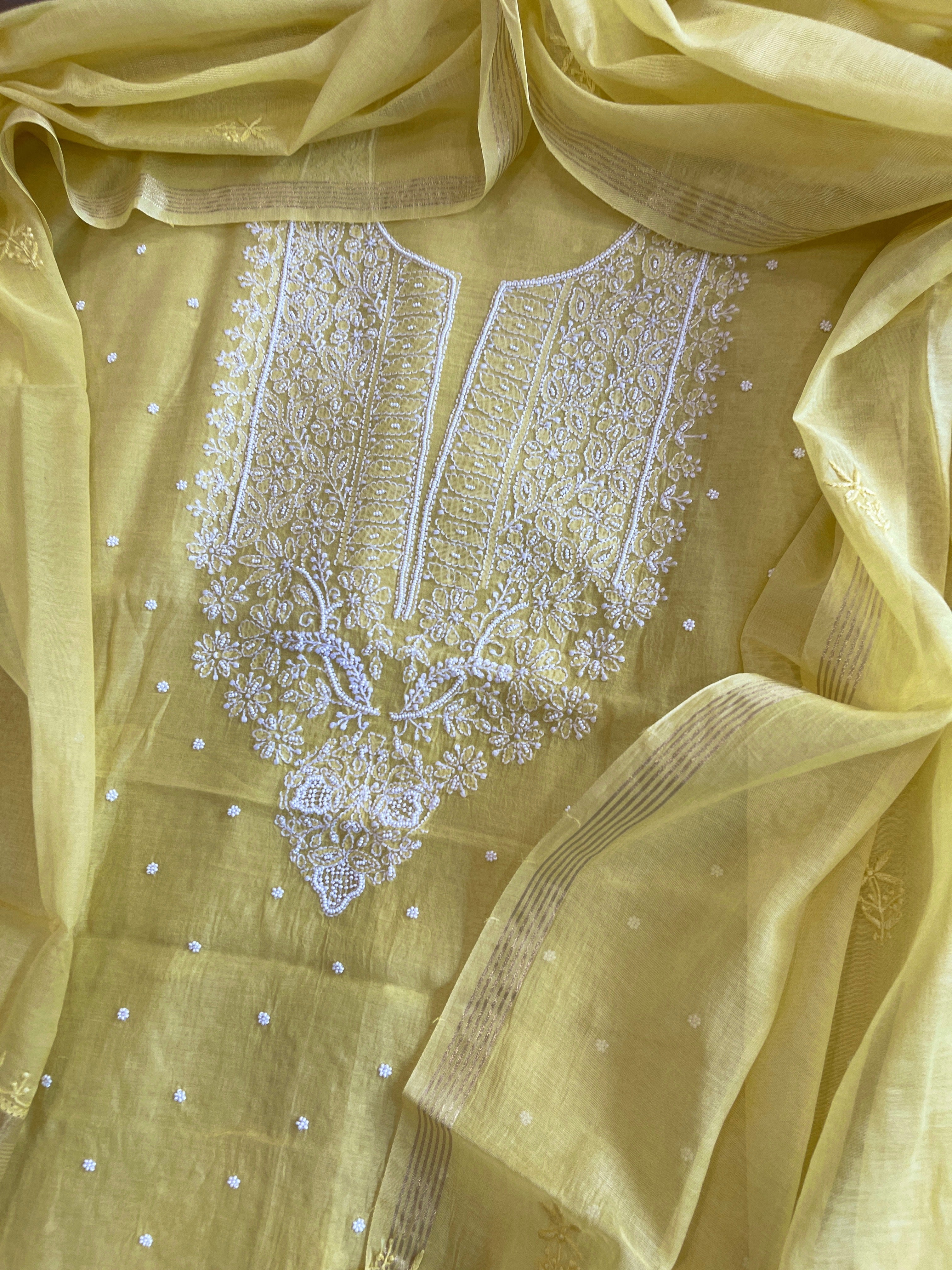 Yellow Suit Set with Lucknowi & Pearl Handwork in Pure Mul Cotton - Masakalee